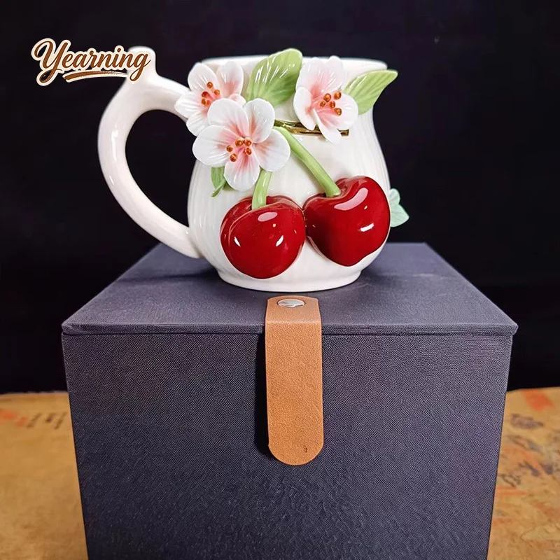 Handmade Cherry Ceramic Mug Stylish Exquisite Art Cup Creative Birthday Gift High Value for Women Home Decor