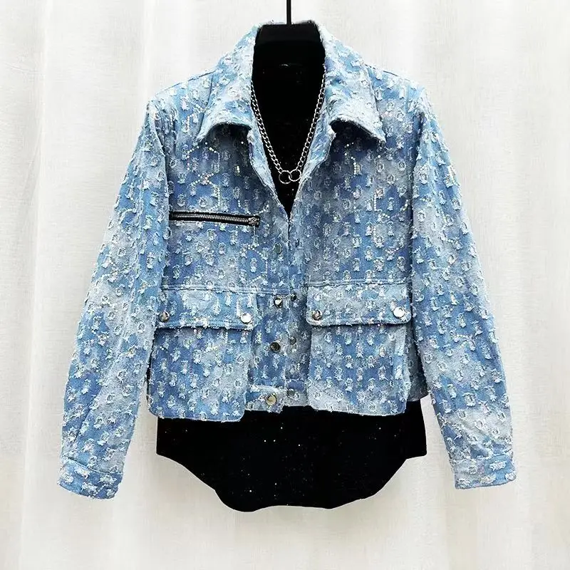 New Arrival Top Fashion Men Casual Denim Jacket retro cargo Single Breasted Cotton Print Turn-down Collar Short sequin Coat