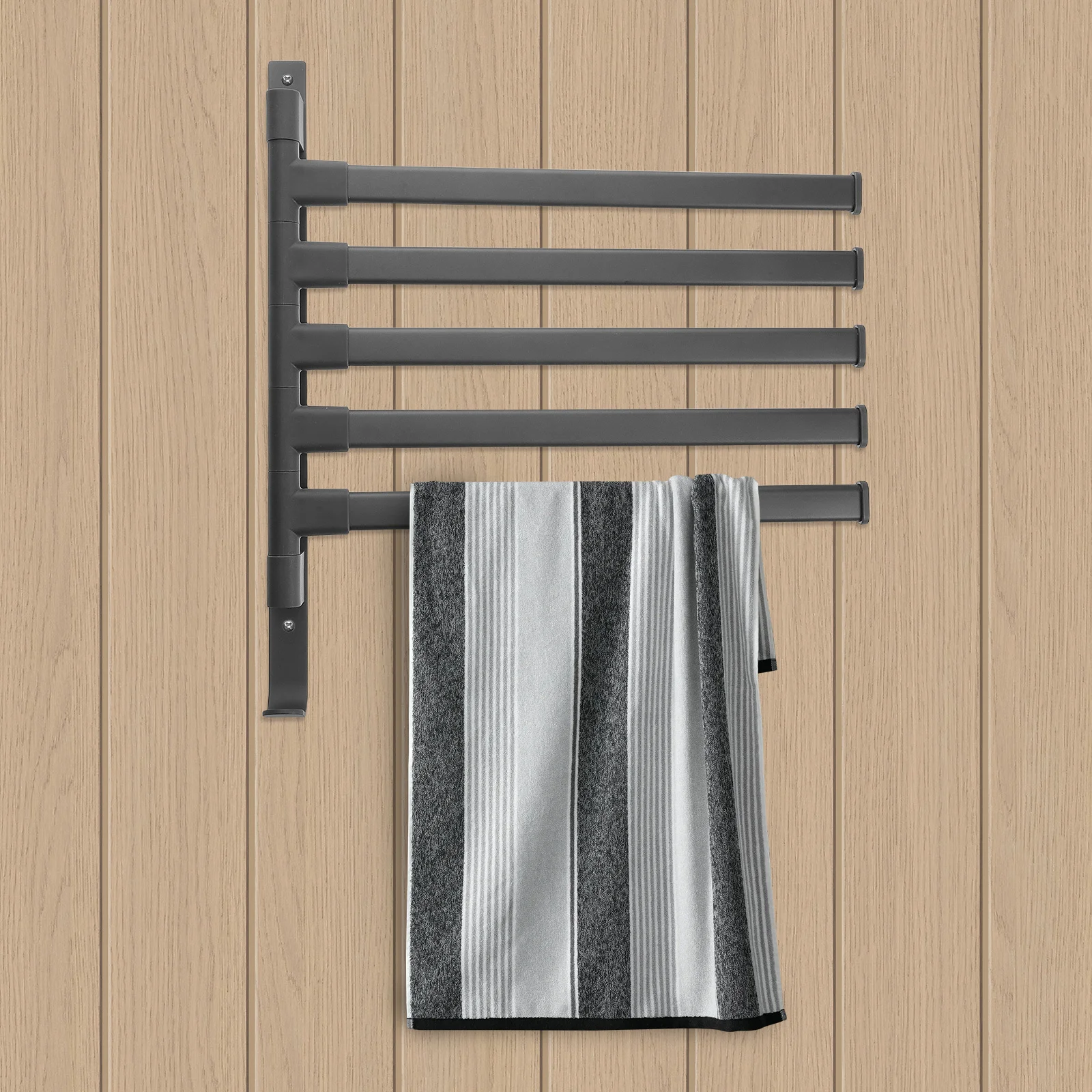 

Bathroom Towel Rack Gray Swivel Folding Shelf 5 Adjustable Rods Wall Mounted Storage Organizer Adjustable Towel Rack