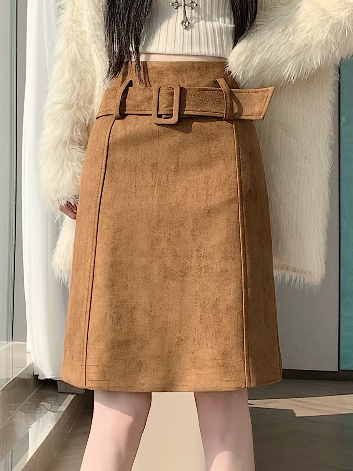 Women's Faux Suede Bodycon Midi Skirts Fall Winter 2026 New High Waist A-Line Petite Slimming Casual Versatile Skirt