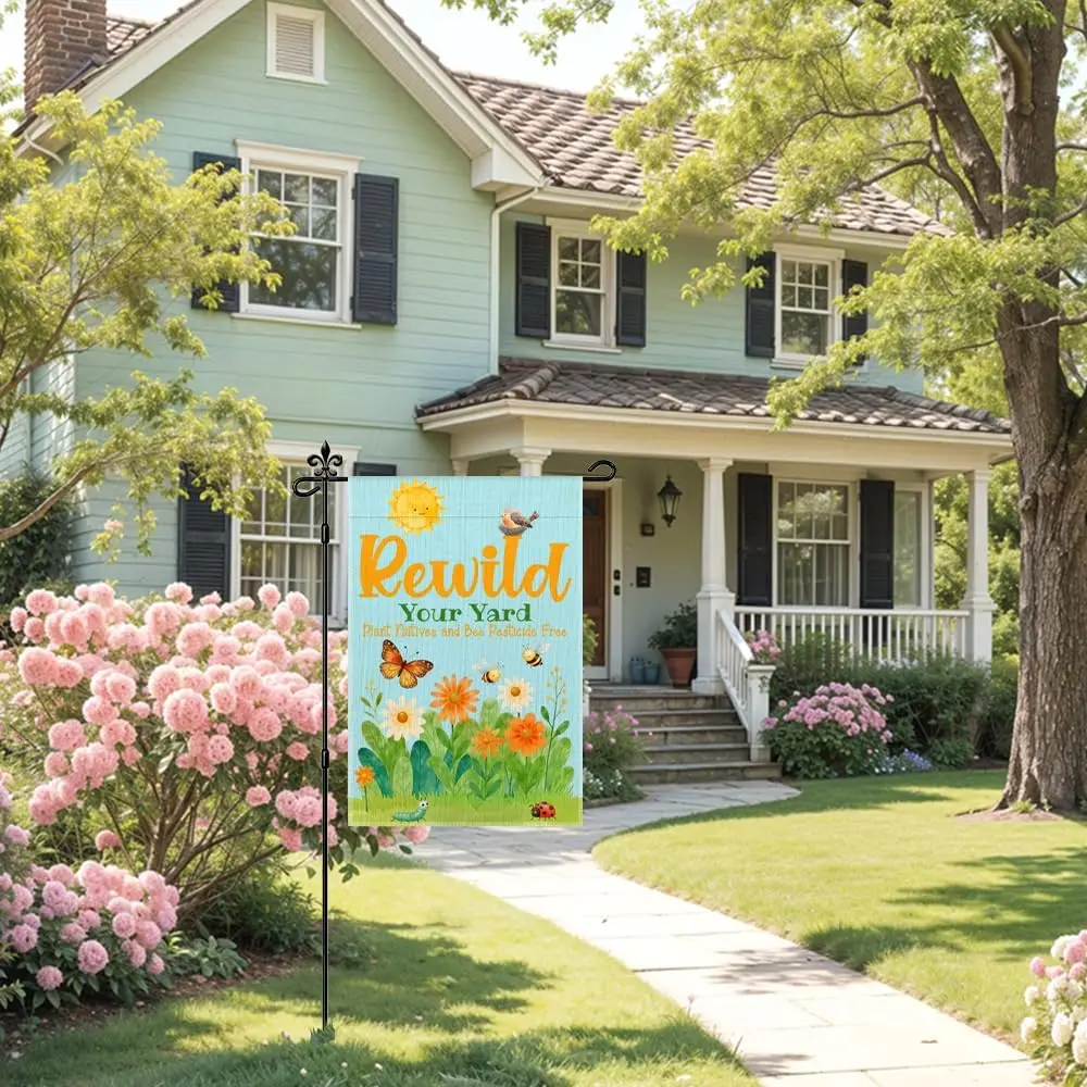 Rewild Your Yard Plant Natives And Bee Pesticide Free Garden Flag Double-Sided Yard Outdoor Decoration 12x18 Inch, Earth Day EEZ