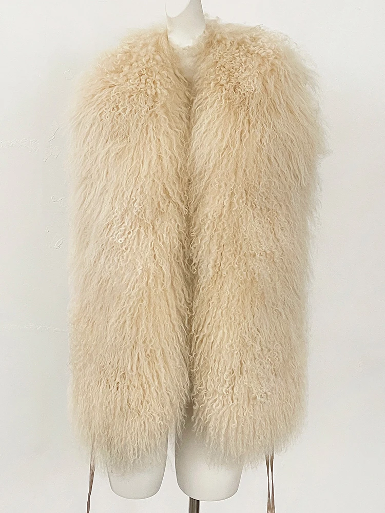 Women Outerwear Coat Solid Deep V-Neck Backless Bandage Sleeveless Jackets Fluffy Luxury Real Mongolian Fur Halter Vests