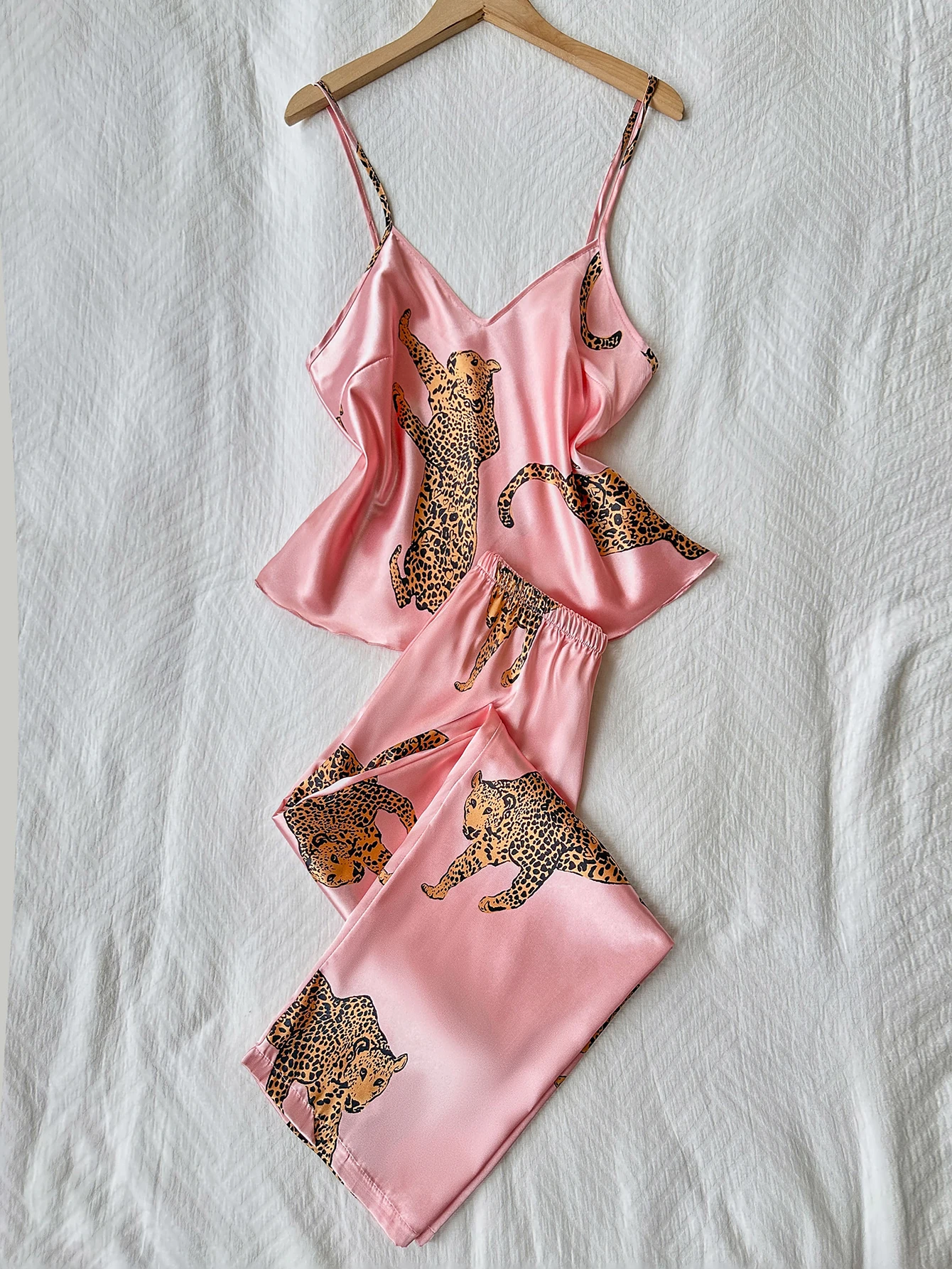 New Women Pajama Set Leopard Print Spaghetti Strap V Neck Top with Long Pants 2 Piece Sleepwear Ladies Homewear for All Season 5