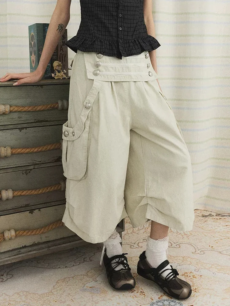 ReddaChic Women's Button Decor Work Pants Vintage Quick Dry Fold Over Elastic Waist Baggy Causal Pants Y2K Alternative Clothes