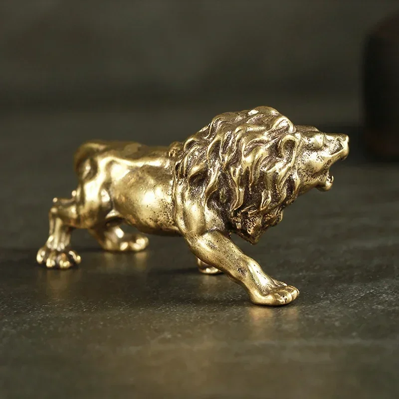 Antique Bronze Male Lion King Statue Small Ornaments Solid Copper Mountain Lions Miniature Figures Brass Sculpture Crafts Decor - view 2