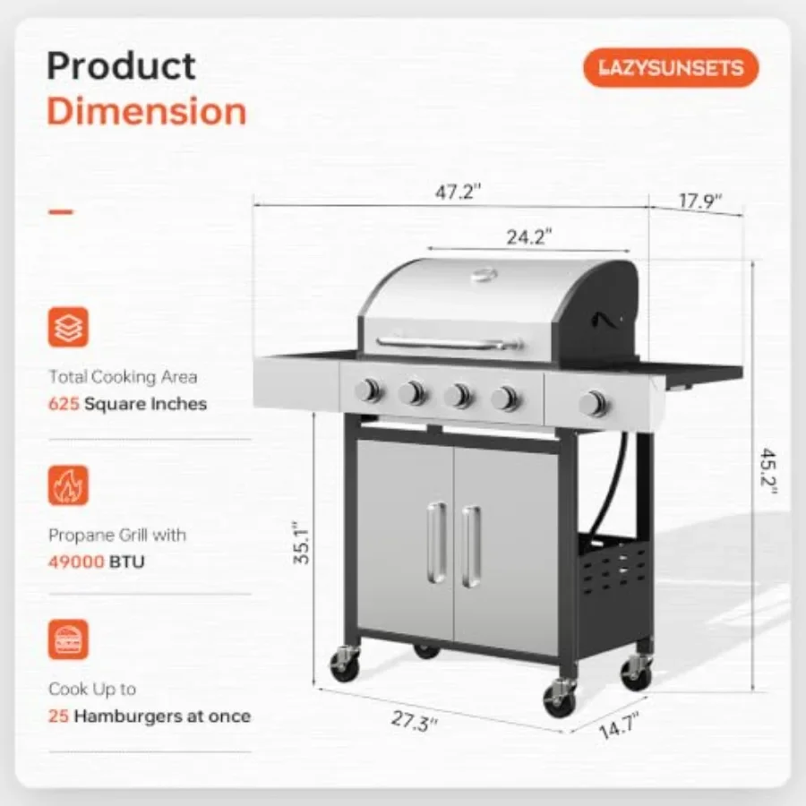 Outdoor propane grill with 4 burners, 49000 BTU, all-weather stainless steel construction, black finish, cast iron grates, side