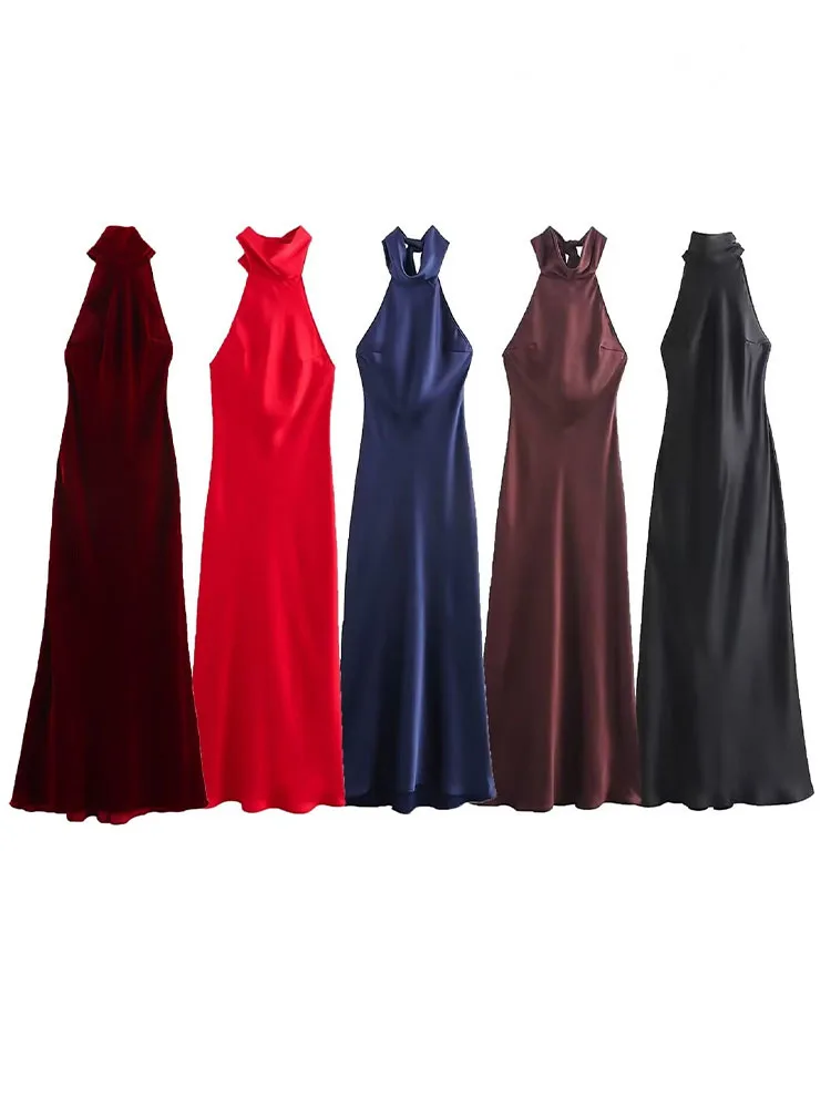 HH Women Fashion Dress Solid Sleeveless Backless Bow Decoration Zipper Female Summer Elegant Slim Long Dresses 2 Color