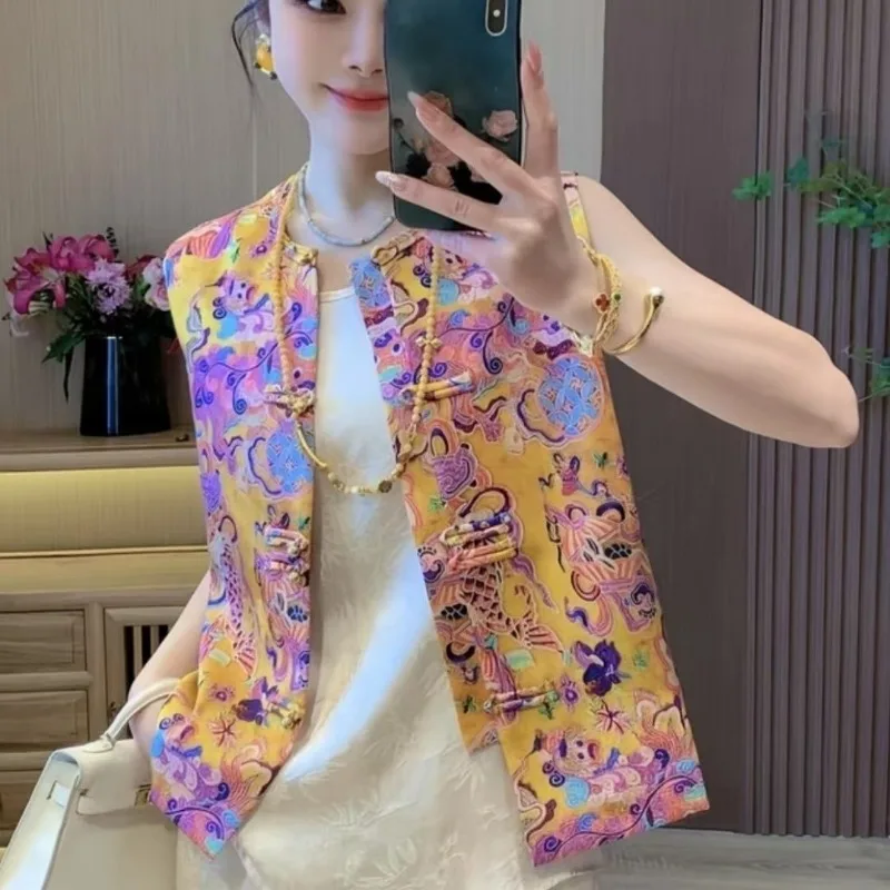 

Luxury Vintage Women Vest Outfit Button-front Printed Vest Sleeveless Top Waistcoat Vests Jacket Fashion Tops Spring Autumn Tops