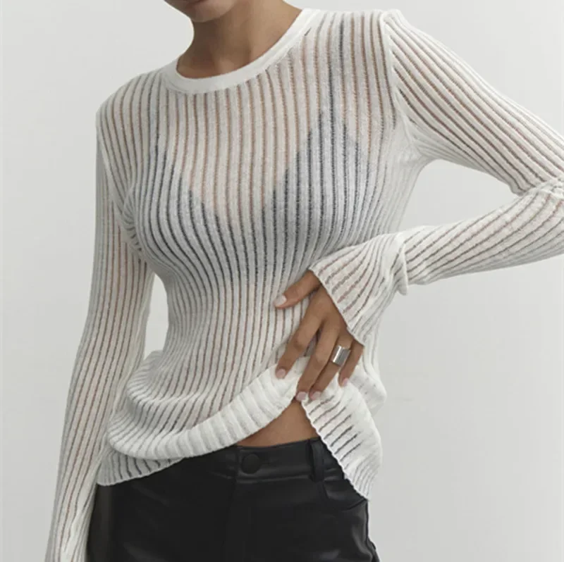 Spring/summer New Long-sleeved Crewneck Thin Breathable Knitted Wool Top for Women