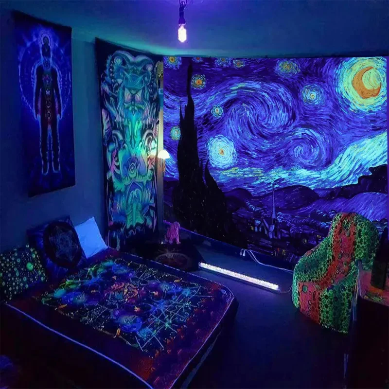 VIKAMA UV Reactive Blacklight Tapestry, Psychedelic Trippy Wall Cloth for Bedroom Dorm & Glow Themed Room Background Decor