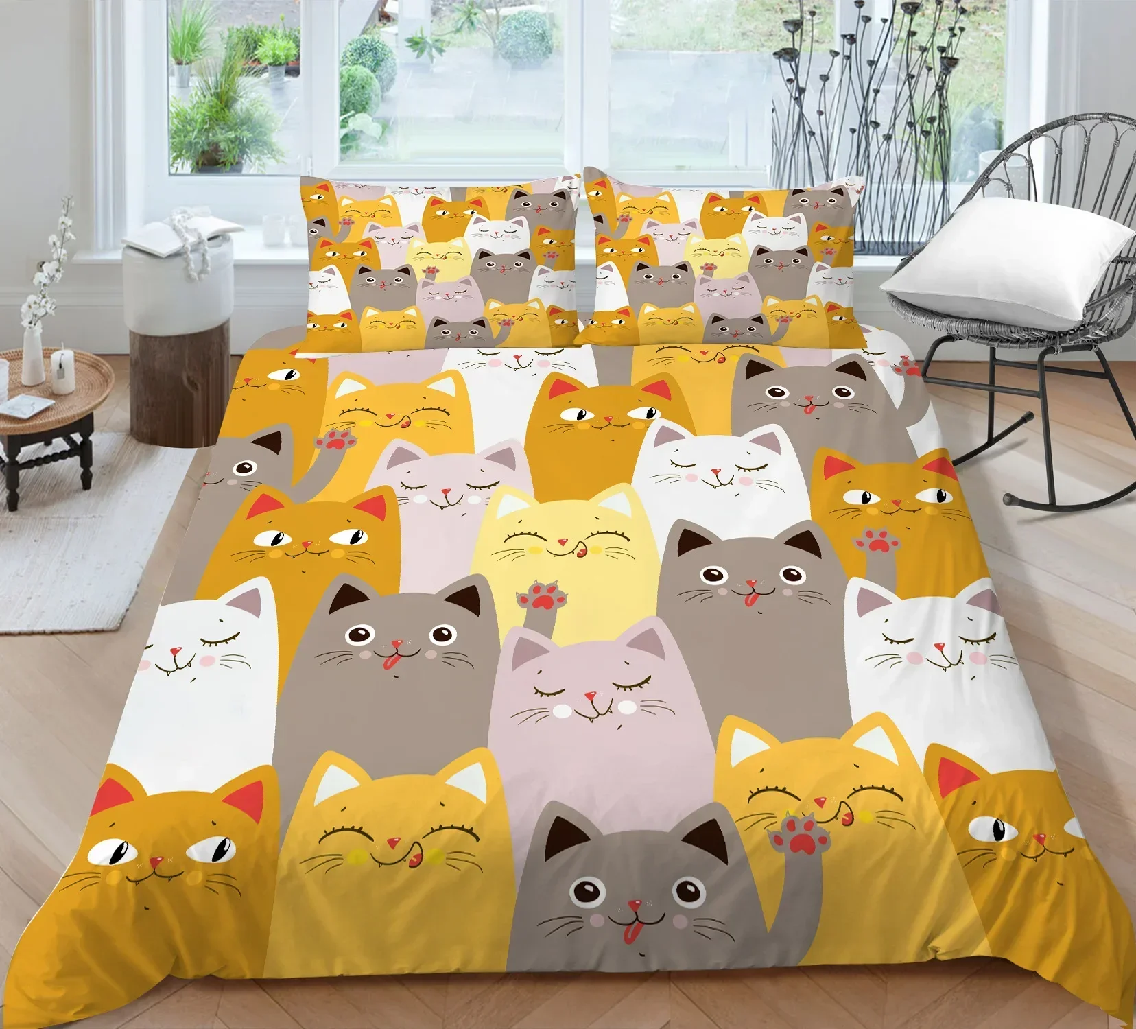 

Cat Duvet Cover King/Queen Size Colorful Lovely Cartoon Kitty Polyester Comforter Cover for Kids Girls Boys Orange Bedding Set