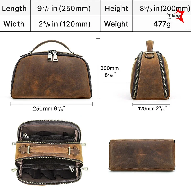Vintage Crazy Horse Leather Shockproof Portable Storage Pouch Dual Zipper Large Capacity For Phone Cable Charger