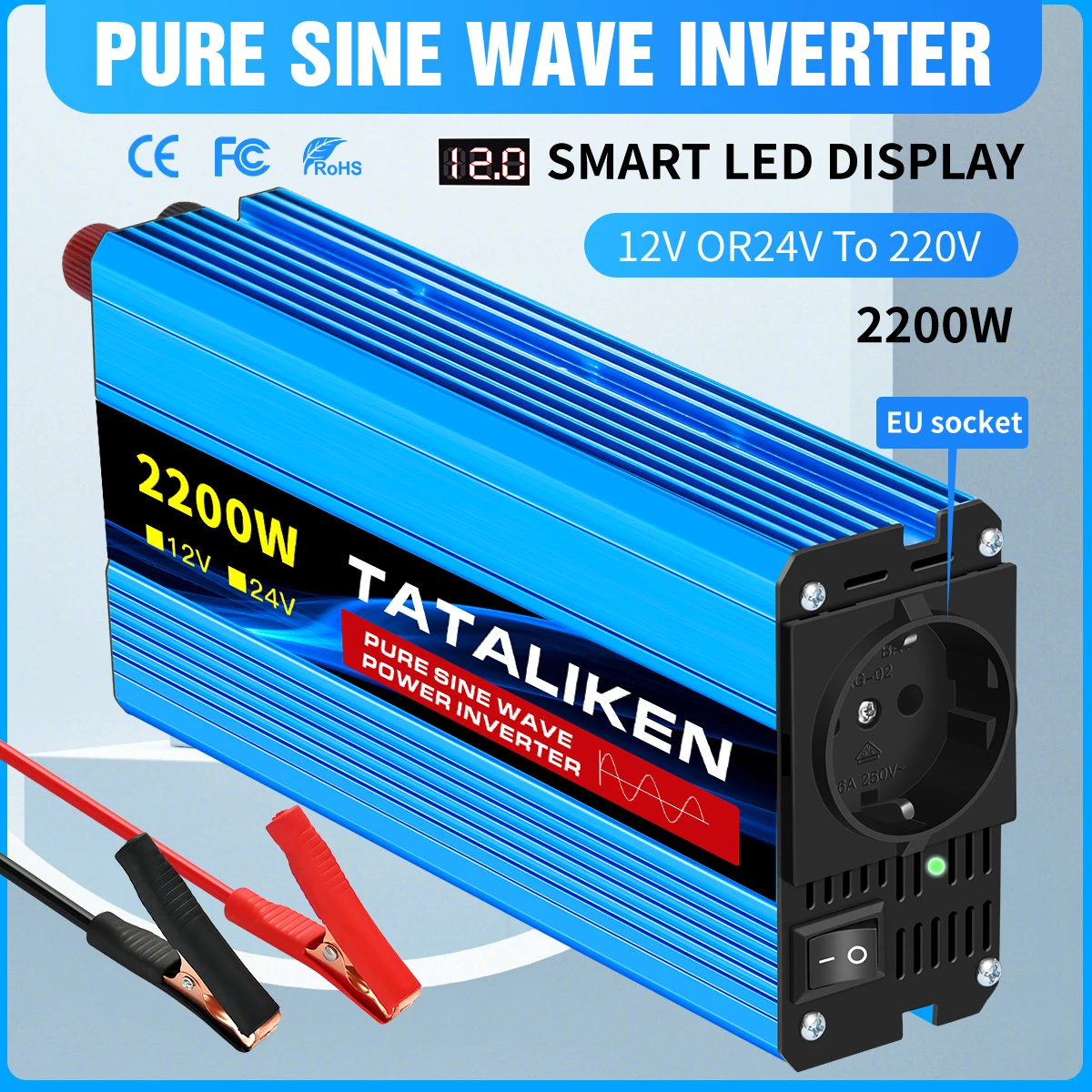 Pure Sine Wave 2200W Car Power Inverter DC 12V/24V to AC 220V 50HZ Voltage Converter with Smart LCD Screen