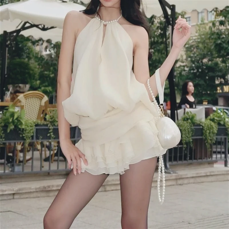 

Sexy Celebrity Style Pleated Neck Sleeveless Chiffon Dress Female Summer Fairy Pure Desire Waist Puffy Dress Sexy Lingerie