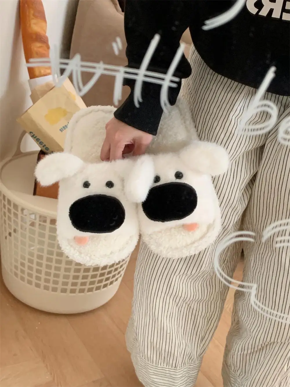 Casual Home Slippers For Couple Men's And Women's Straight Haired Cotton Slippers Fun Dog Soft And Cute Soft Sole Anti Slip