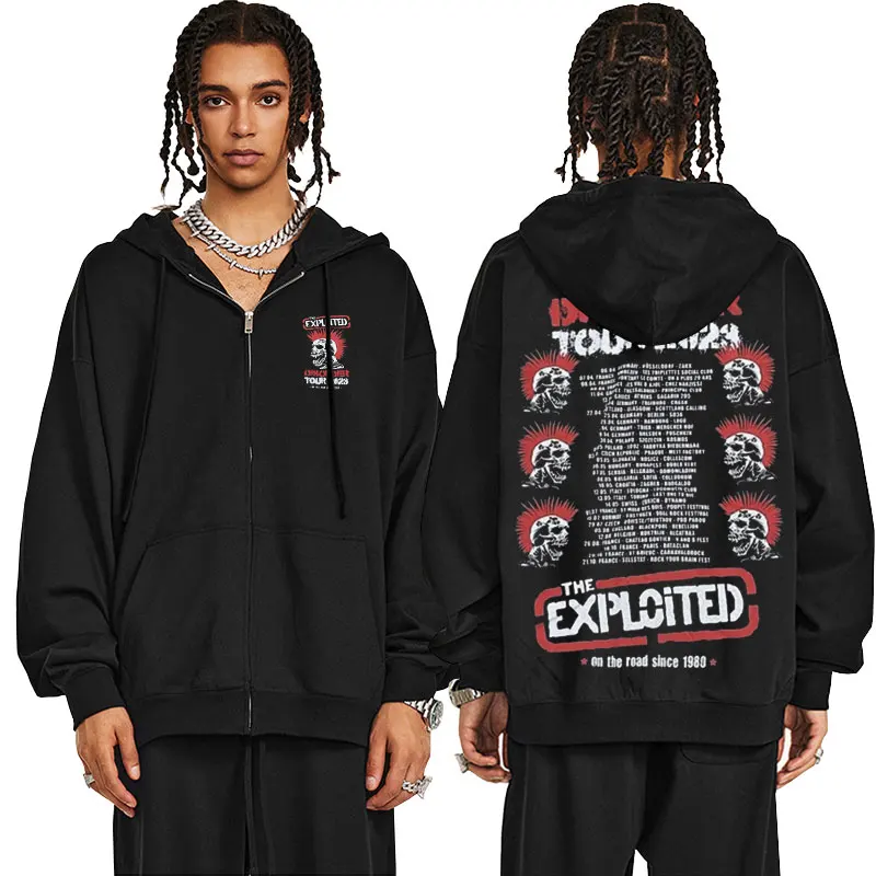 

Rock Band The Exploited Disorder Tour 2023 Zip Up Hoodie Skeleton Graphic Zip Up Jacket Men Women Punk Oversized Zipper Hoodies