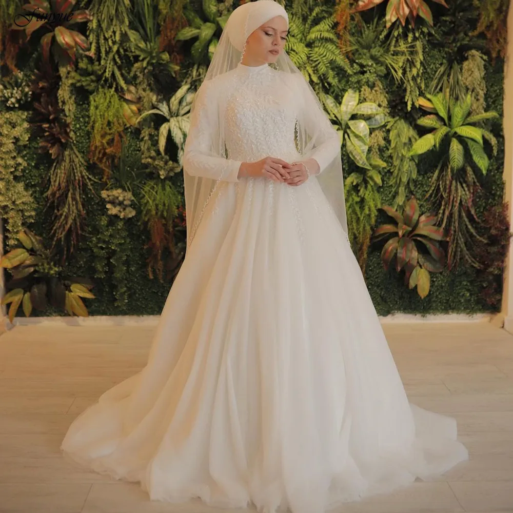 Funyue Ivory Muslim Hijab Bridal Dress with Veil Lace Appliques Wedding Gown For Bride Full Sleeves Vestido De Noiva Casamento