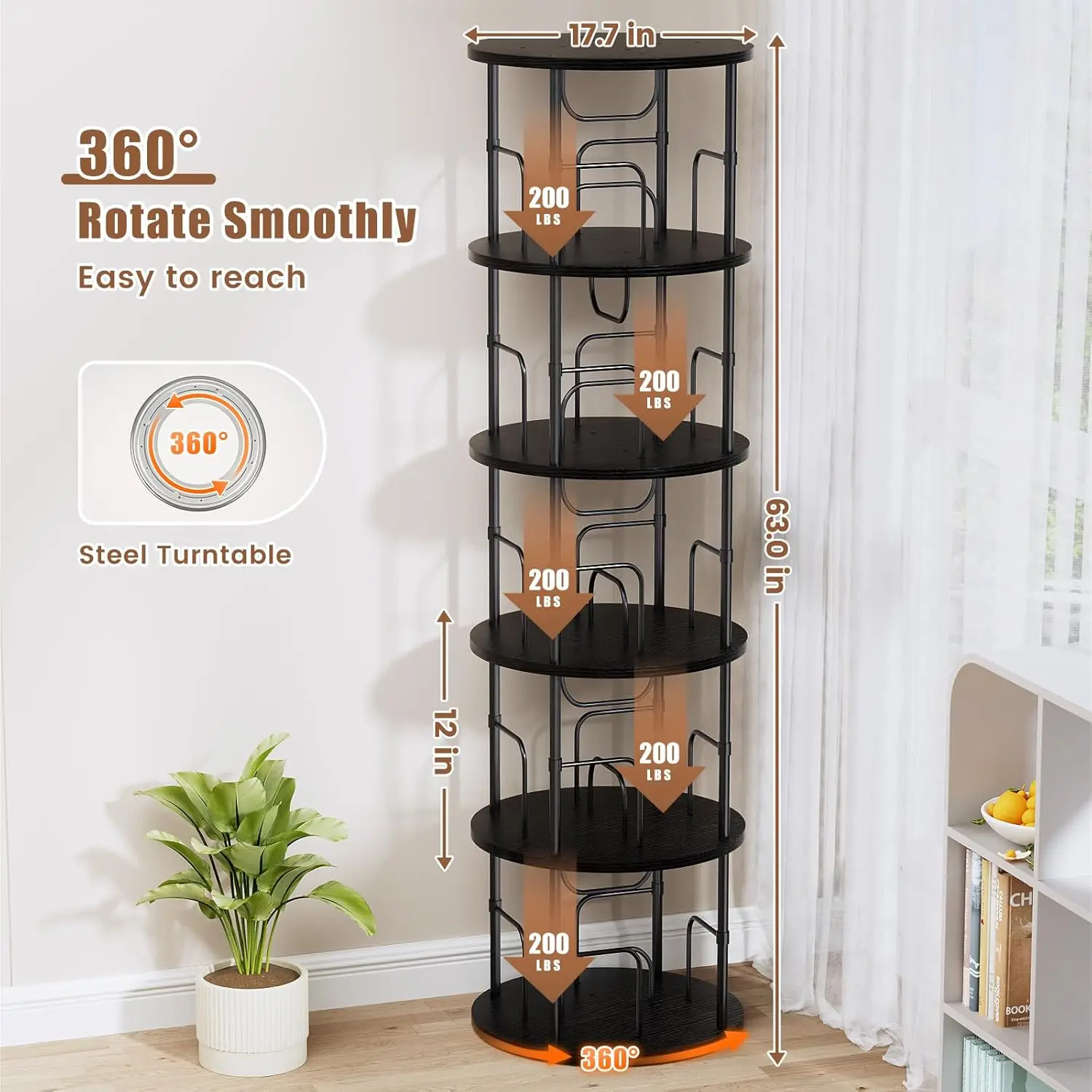 5 Tier Rotating Bookshelf, 360 ° Display Stackable Spinning Bookshelf Tower, Narrow Space Saving Tall Floor Standing，Black