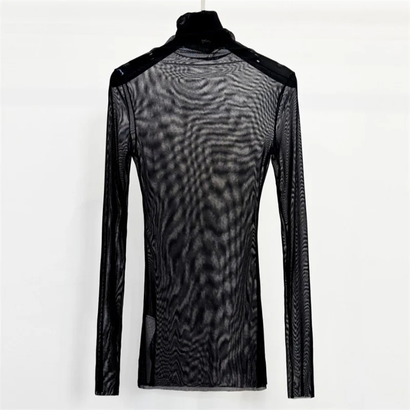 Women's t-shirt 2026 Autumn New Elastic Slimming Women's Long Sleeve Top Half transparent women's corset High necked pullover