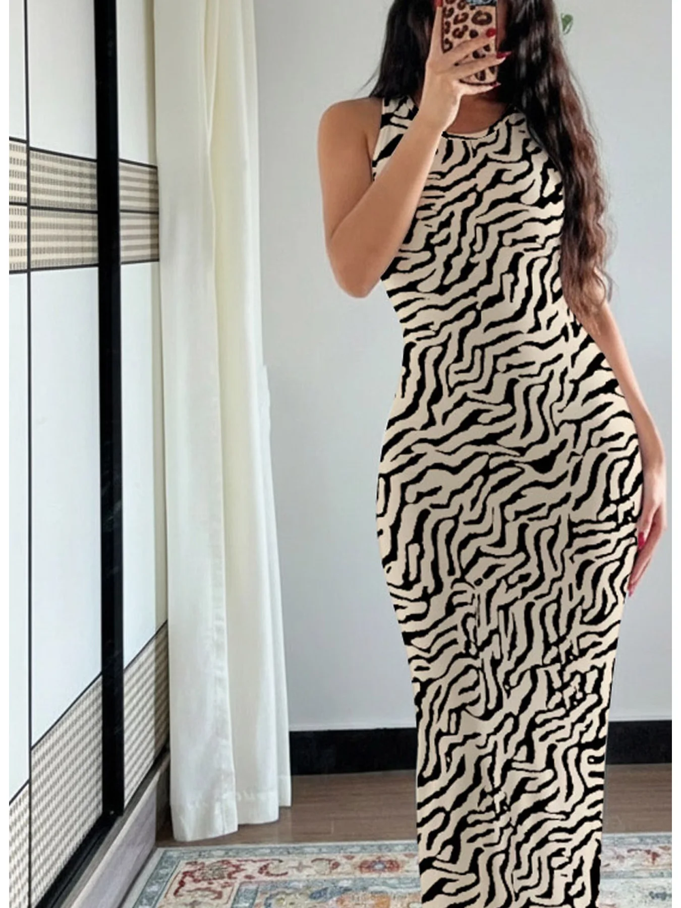 Damen Geometrisches Zweifarbiges Ärmelloses Kleid mit Rundhalsausschnitt Sommer Lässig Bequem Modisch mit Trägern Langer Rock – Detail 6
