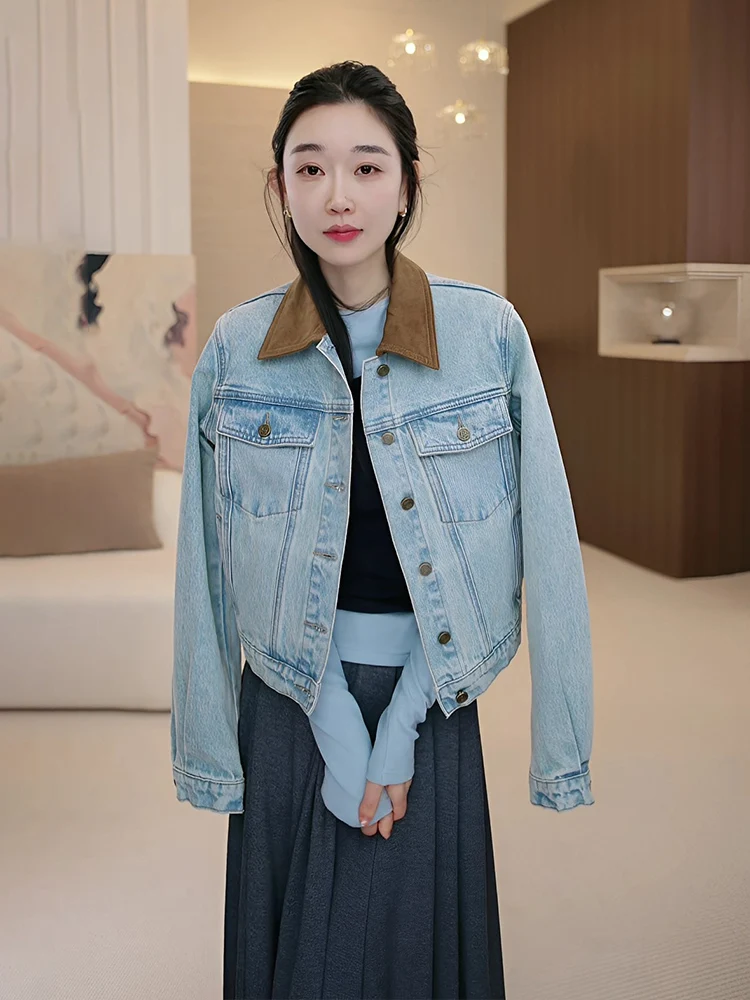 

OUDOEE Retro Denim Jaet Women's Spring 2026 New Small Size Color Blo Collar Casual Jaet Cotton Blend Long Sve