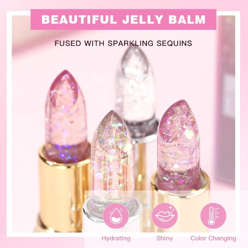 Soft Jelly Lipstick Color Changing Glossy Hydrating Moisturizing Glitter Lip Stick Sparkling Sequins Turning Red Shade Lip Balm