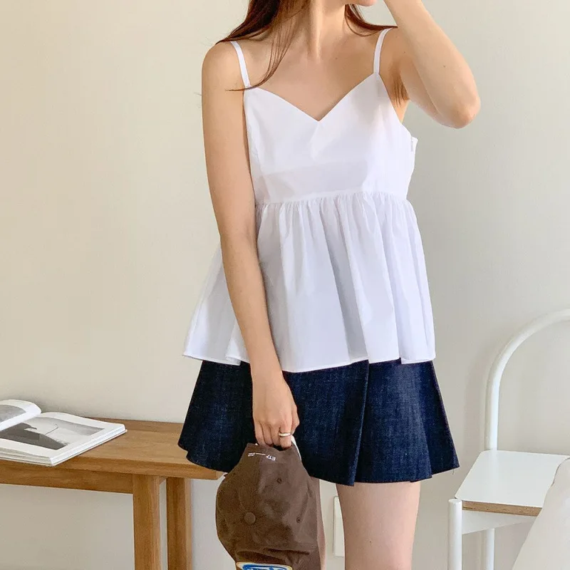 Chic Korean Summer Versatile Strapless Top Sleeveless Elegant Style Pure Color Loose Fit round Neck Fabric Name Rayon Cotton