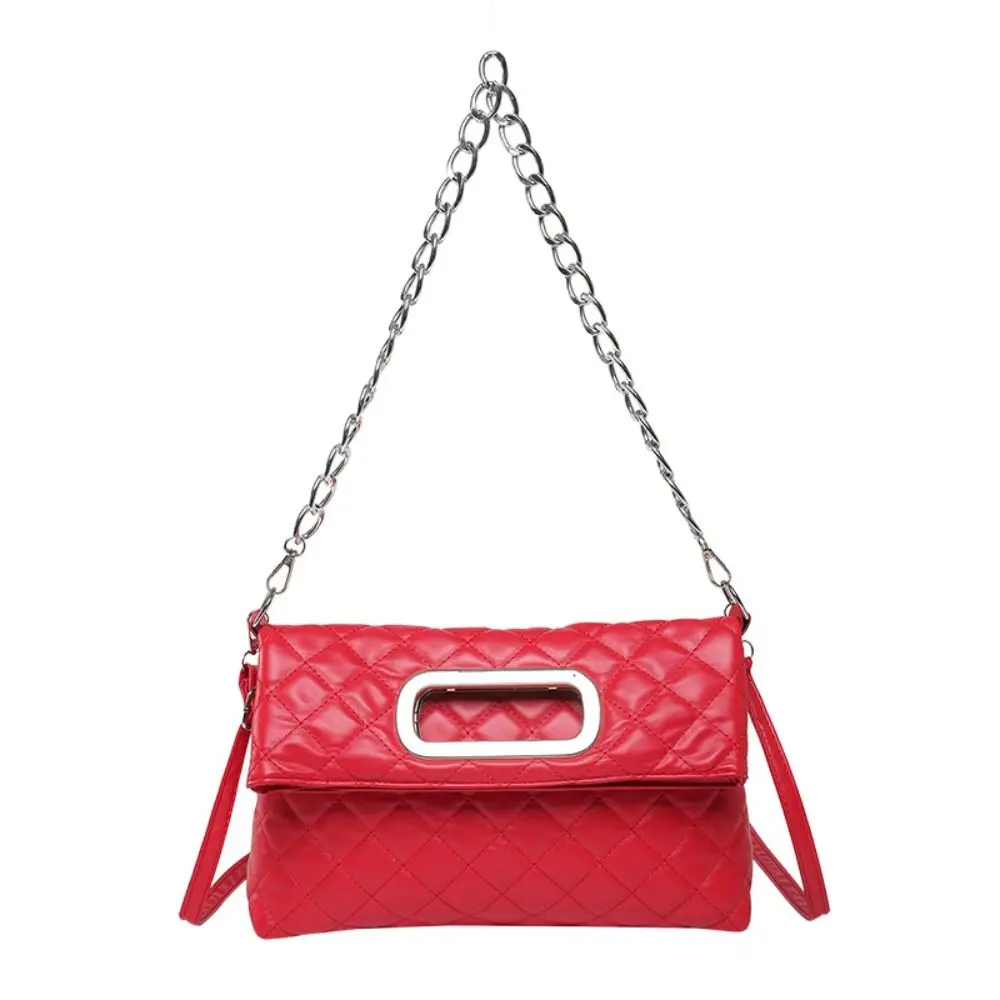 

Solid Color Folding Handbag Korean Style Grid Patterned Chain Shoulder Bag Phone Purse Underarm Bag Evening Clutch Bag Girl