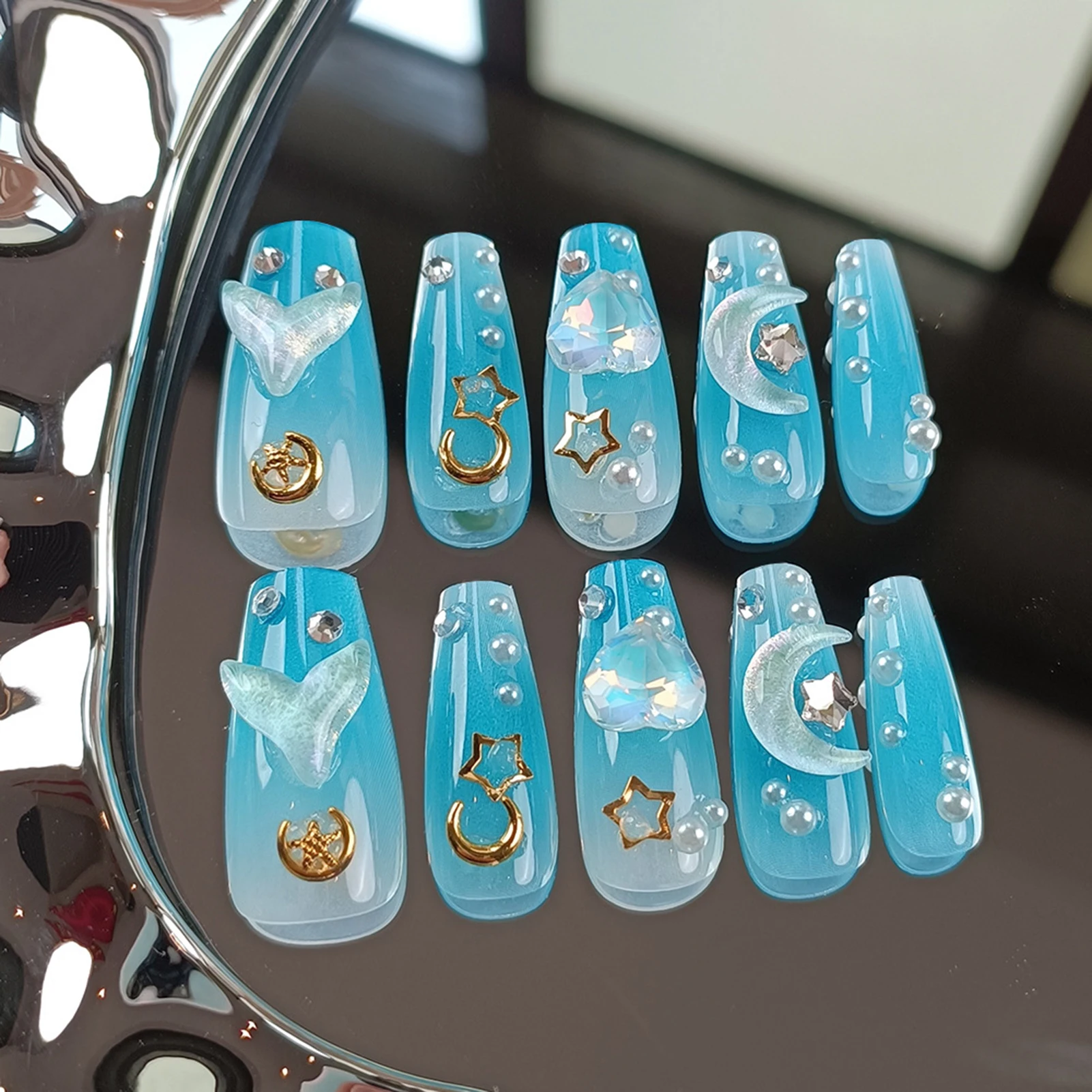 10pcs Handmade Blue Nails Long Coffin Press On Nails Full Cover Fake Y2k Nails 3D Heart Moon Fish Tail Decor Removable Nail Tips