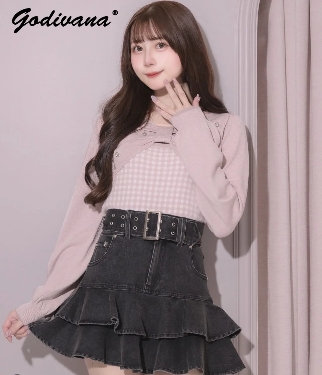 Japanese Style Women's High Waist Cake Skirt Spring Autumn New Female Elegant Puffy Denim Leather Skirt with Belt