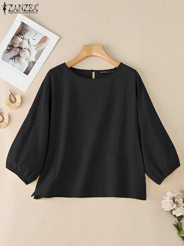 ZANZEA Casualowe bawełniane bluzki damskie Oversize z dekoltem O-Neck, rękawem 3/4 typu latarnia, Blusas Mujer, wiosna-jesień 2025, luźne bluzki w jednolitym kolorze