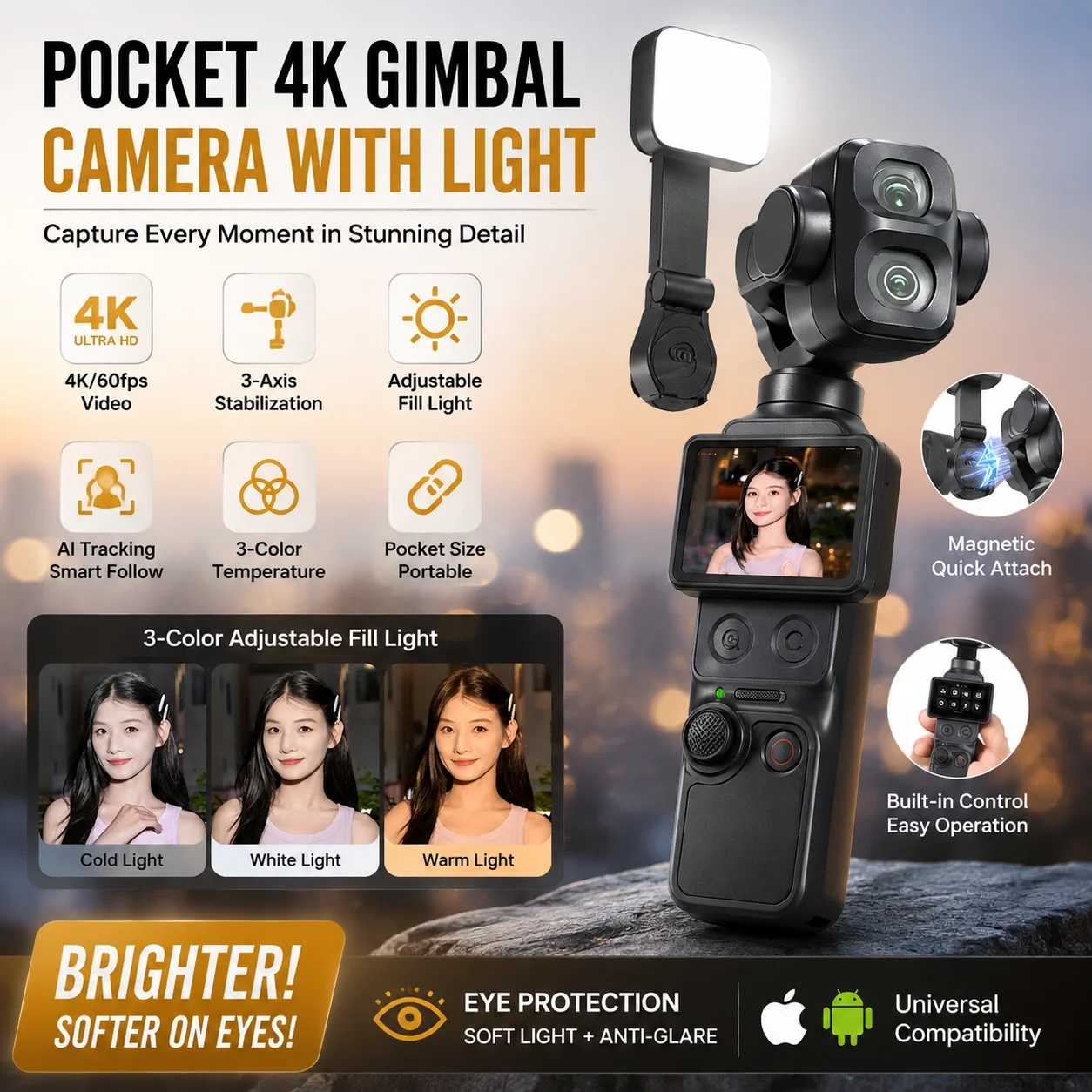 DJI Pocket 4/4P Fill Light Portable Magnetic Contact Mini Fill Light, 3 Color Temperature Adjustable Shooting Accessories