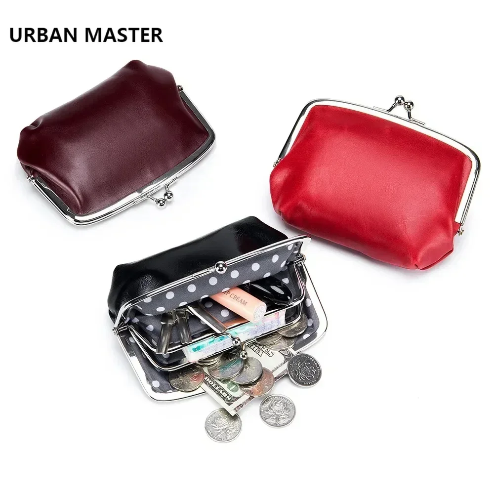 

URBAN MASTER Genuine Cow Leather Fashion Vintage Coin Purse for Women Double Clip Storage Bags Mini Mouth Gold Lipstick Bag 2070