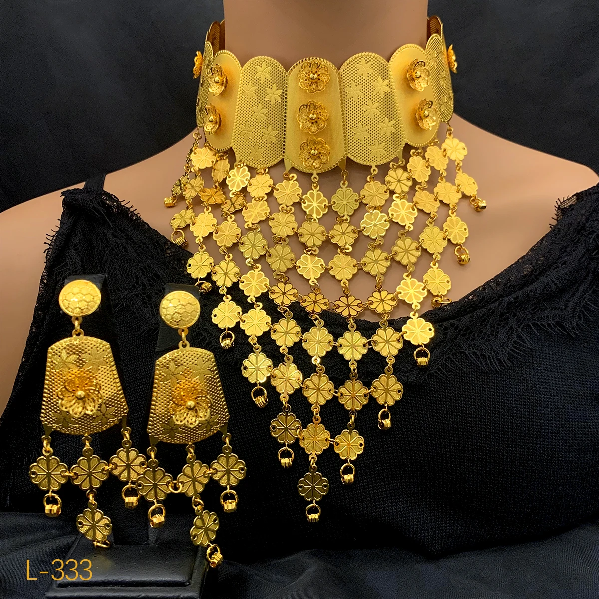 Luxury Dubai Gold Color Jewelry Sets Tassel Long Necklace and Earrings For Women Wedding Jewelry Accessories Party Gifts