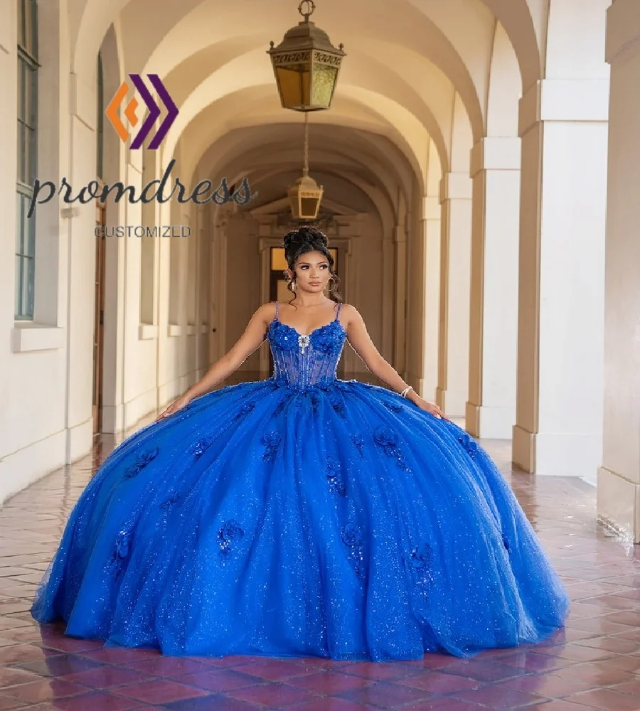 

Гламурное королевское синее платье Quinceanera с цветами, сексуальные бретельки, блестящие платья Vestidos De 15, вечерние Quinceañera по индивидуальному заказу