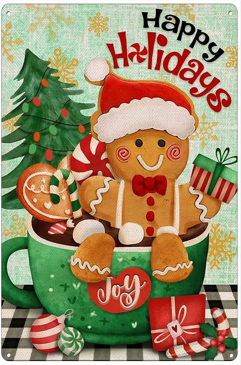 Feliz Navidad, alegría, café, pan de jengibre, carteles de estaño rústicos, decoración de pared, placa, cartel de Bar, placa de estaño adecuada para cafeterías cuevas de hombre