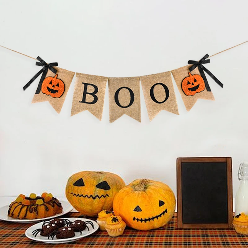 Halloween Burlap Banner BOO Pumpkin Bunting Flag Rustic Hanging Garland For Farmhouse Fireplace Halloween Party Decors Supplies