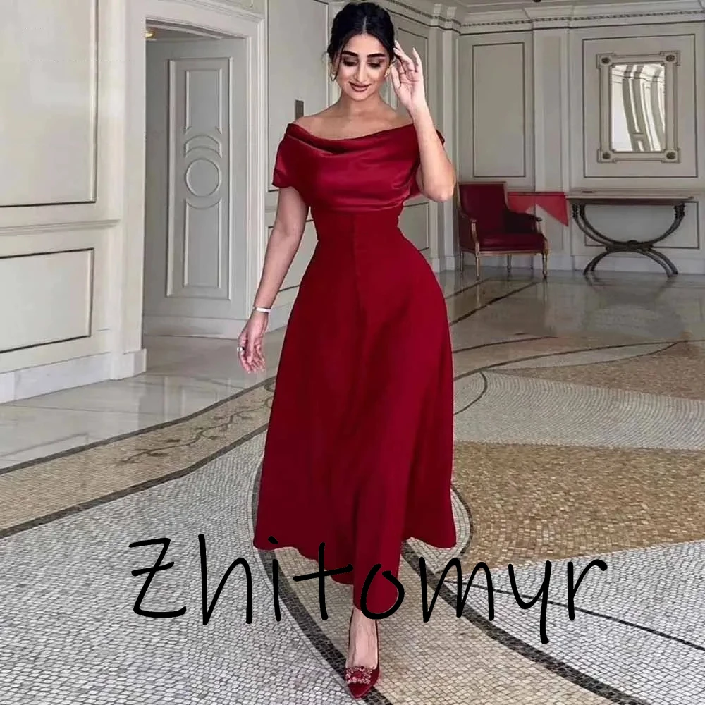 Yipeisha Fashion Elegant Red Satin Evening Dresses A-line Off the Shoulder Sleeveless Tea-Length Formal Party Prom Gowns