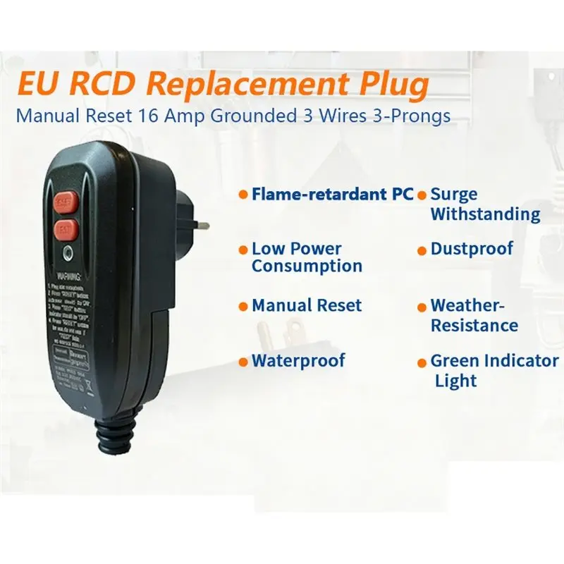 EU RCD Replacement Plug Manual Reset 16 Amp 3-Wire Grounded Integrated A-Type Leakage Current Protection EU Plug-A31R