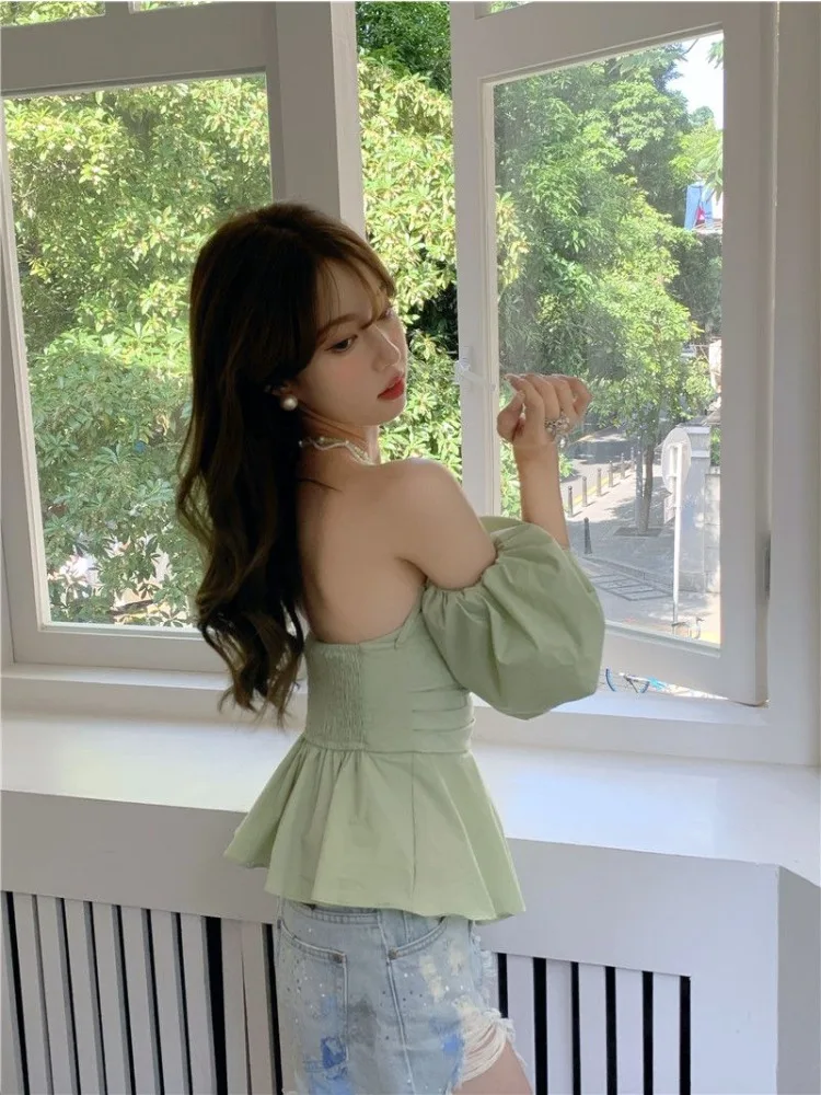 French Style Slash Neck Blouses Women Hotsweet Summer Lovely Puff Sleeve Fashion Off-shoulder Casual Girl Slim Blusas Mujer Cute