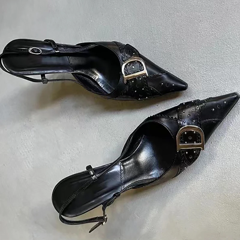 

Black Pointed Toe Belt Buckle Studs Sandals Brand Designer Summer Stiletto White Buckle Mules Thin High Heels Party Dress Pumps