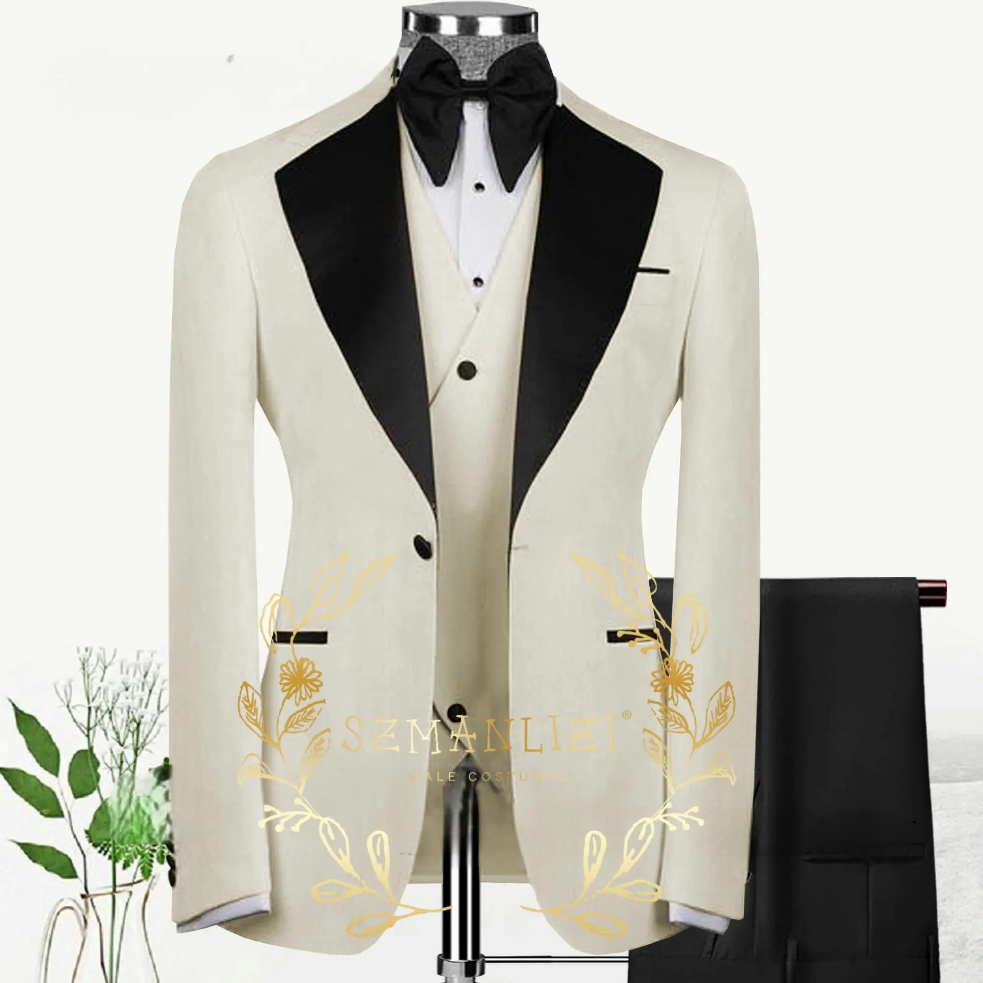 

2024 Custom Made Wide Lapel Men Suits for Party Ivory 3 Pieces Costume Homme Fashion Men Wedding Tuxedos Groom Wear