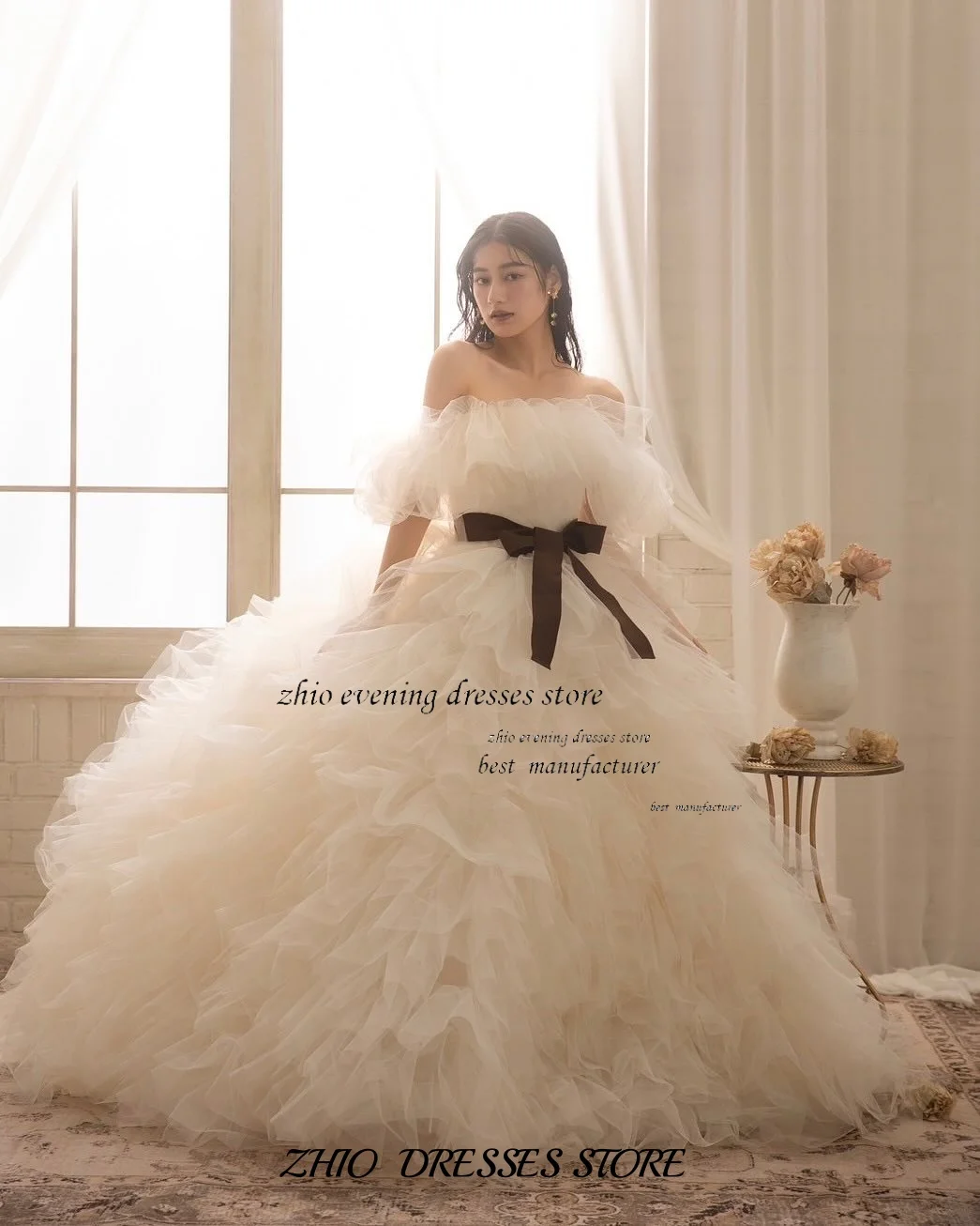 ZHIO Off Shoulder Champagne Tulle Ball Gown with Ruffles Puffy Sleeves Black Bow Bridal Prom Dress Custom Wedding Dress