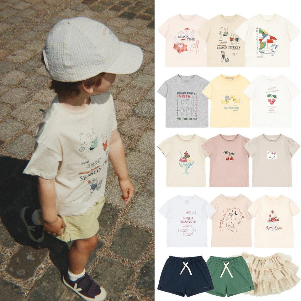 

2026 New KS Summer Baby Boys Cotton T-shirts Shorts Suits Kids Clothes Girls Cartoon T Shirts Children's Sequin Cherry Cat Tops