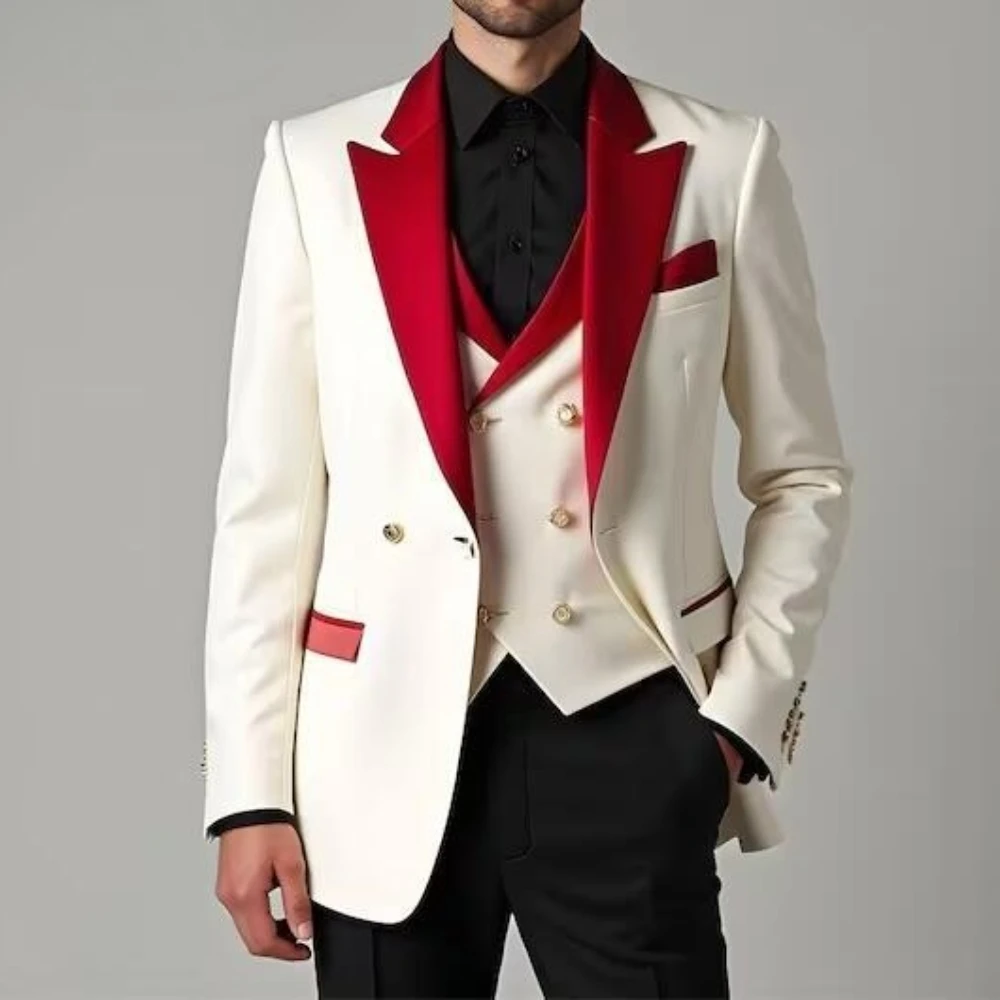 

White Red Black And Formal Business Men Suit Groom Groomsman Wedding Party Prom Male Tuxedos 3 Piece Set Blazer Vest Pants