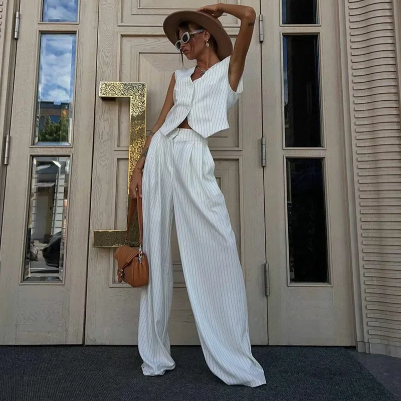 Fashion Cotton Linen Striped Long Pants Sets Women Chic V-neck Sleeveless Single Breasted Tank Top Wide Leg Pants 2 Pieces Suits
