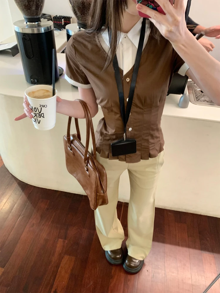 

FHEER Nice Wed Retro College Sle Tie-Belted ort Sve irt Women Slimming Personali Top Cotton Blend Collar