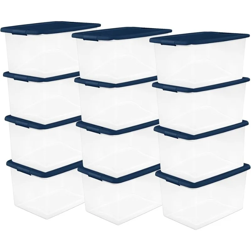 

12-Pack Color Program, Large Clear Plastic Storage Bins with Lids, 64 Quart, Blue - Stackable Organizing Container Boxes for Clo