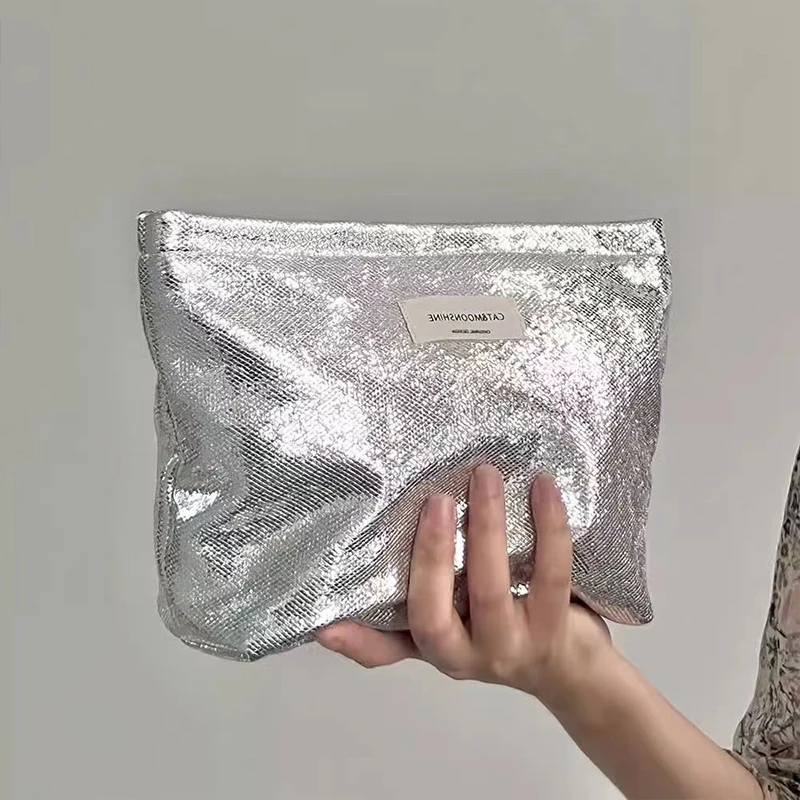 Semplice lucido paillettes argento frizione borsa cosmetica borsa per il trucco portatile ragazze articoli da toeletta borsa per la cura della pelle