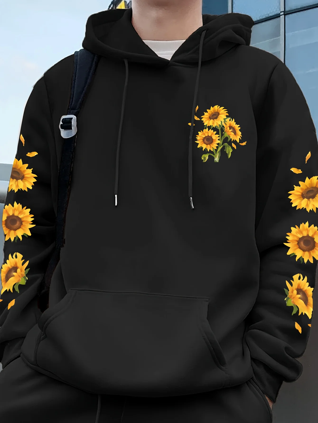 Fresh Flower Men's Hooded Sweatshirt - Left chest features sunflowers, with flower prints on both sleeves. A soothing style.
